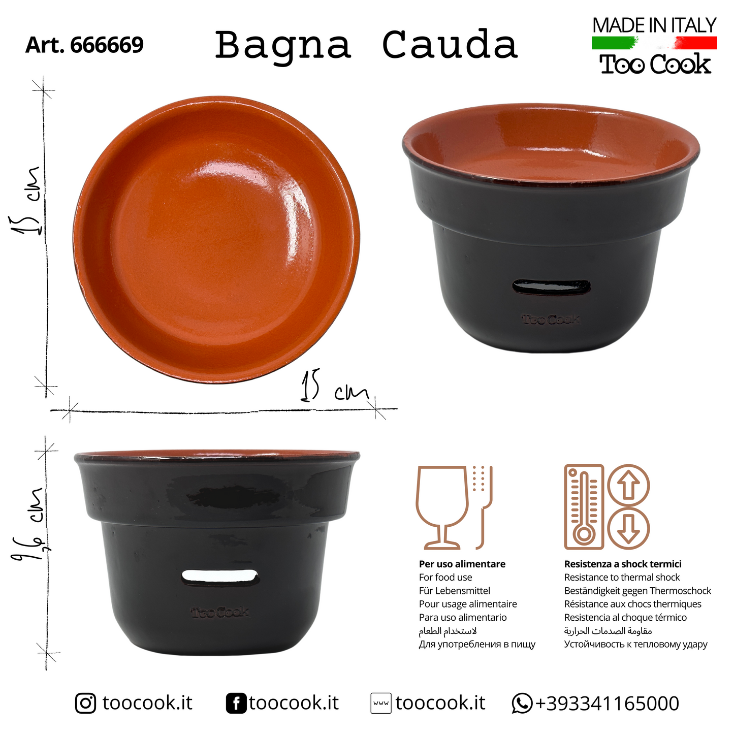 Toocook Fornello Bagna Cauda Intingolo per verdure ricetta Piemontese Fondue in Terracotta Marrone. Made in Italy 100%