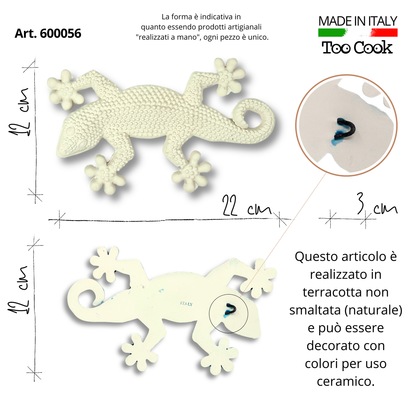 Toocook Geco in terracotta naturale bianca da decorare per Arredo Casa, Realizzato Artigianalmente, Idea Regalo Made in Italy