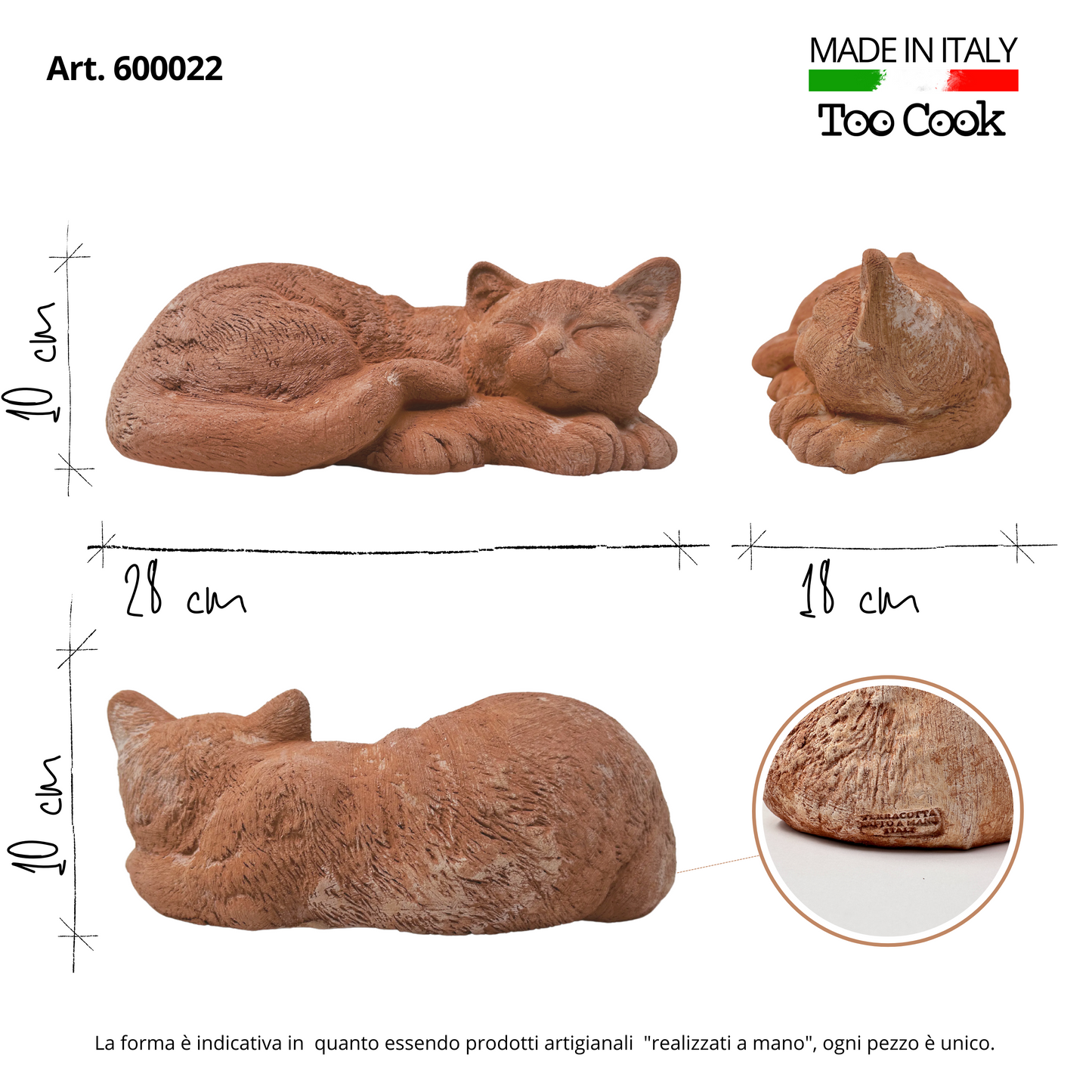 Sleeping cat in handcrafted terracotta for garden furniture, unique weatherproof decoration
