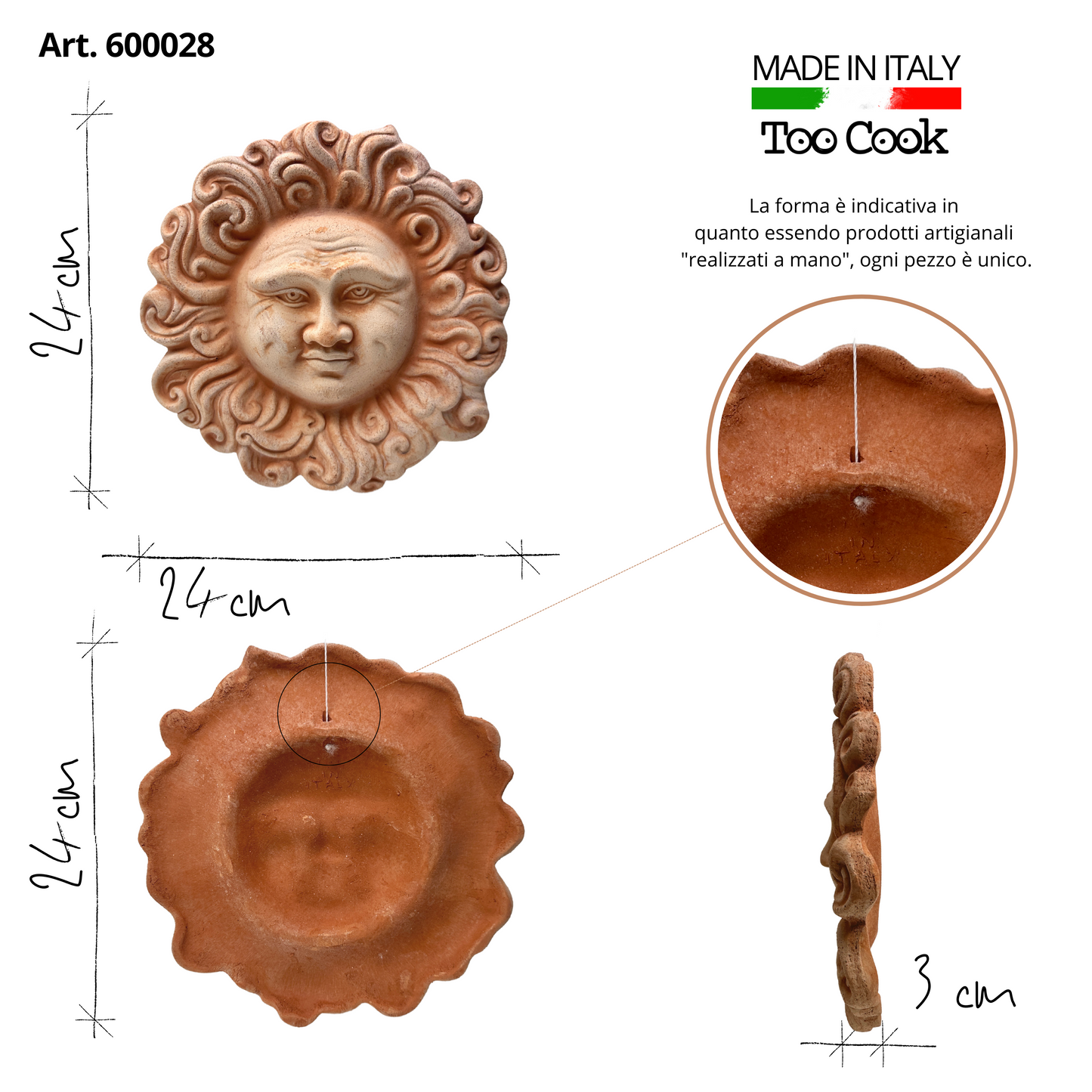 Sole Ricci in ceramica artigianale da parete per arredo e decorazione casa Terracotta Idea Regalo