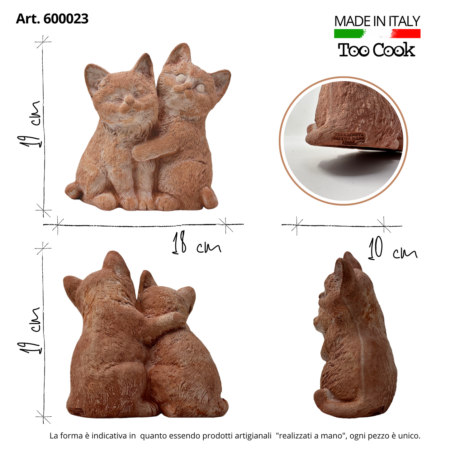 Pair of handcrafted terracotta cats for garden furniture, unique weatherproof decoration