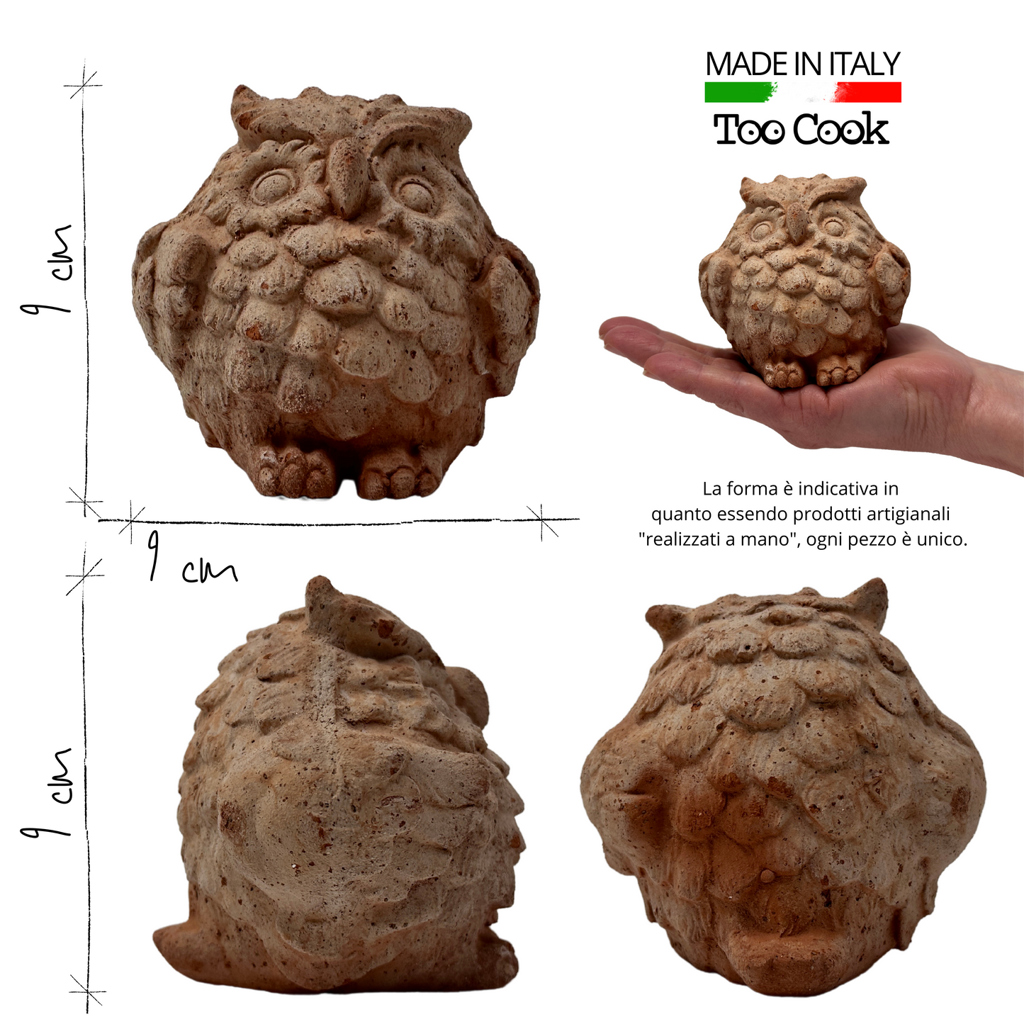 Handcrafted terracotta owl for garden furniture unique weatherproof decoration (9 cm)
