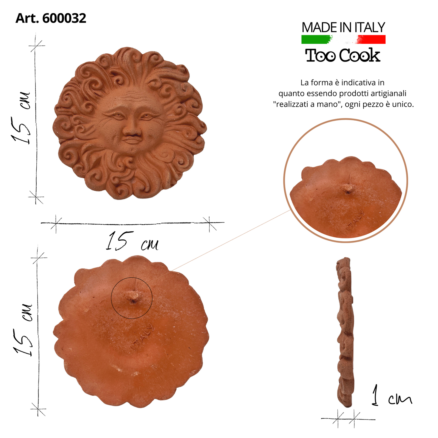 Sole in ceramica artigianale da parete per arredo e decorazione casa Terracotta Idea Regalo - 15 cm