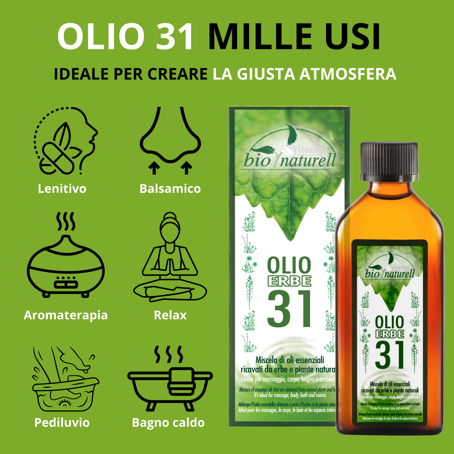 Olio 31 Erbe Linea Bio Naturell Per Massaggi Muscolari Aromaterapia Azione Balsamica - Non Unge - 100 ml