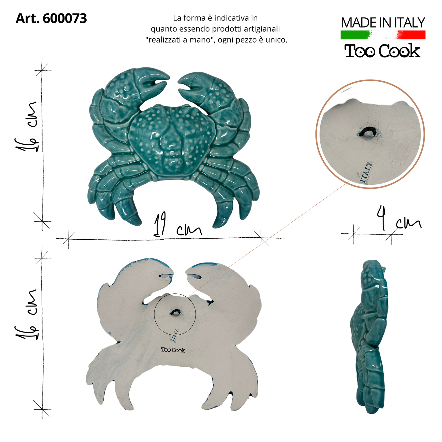 Toocook Granchio in ceramica smaltata Verde Decorazione Murale e Arredo Casa, Realizzato Artigianalmente, Idea Regalo Made in Italy