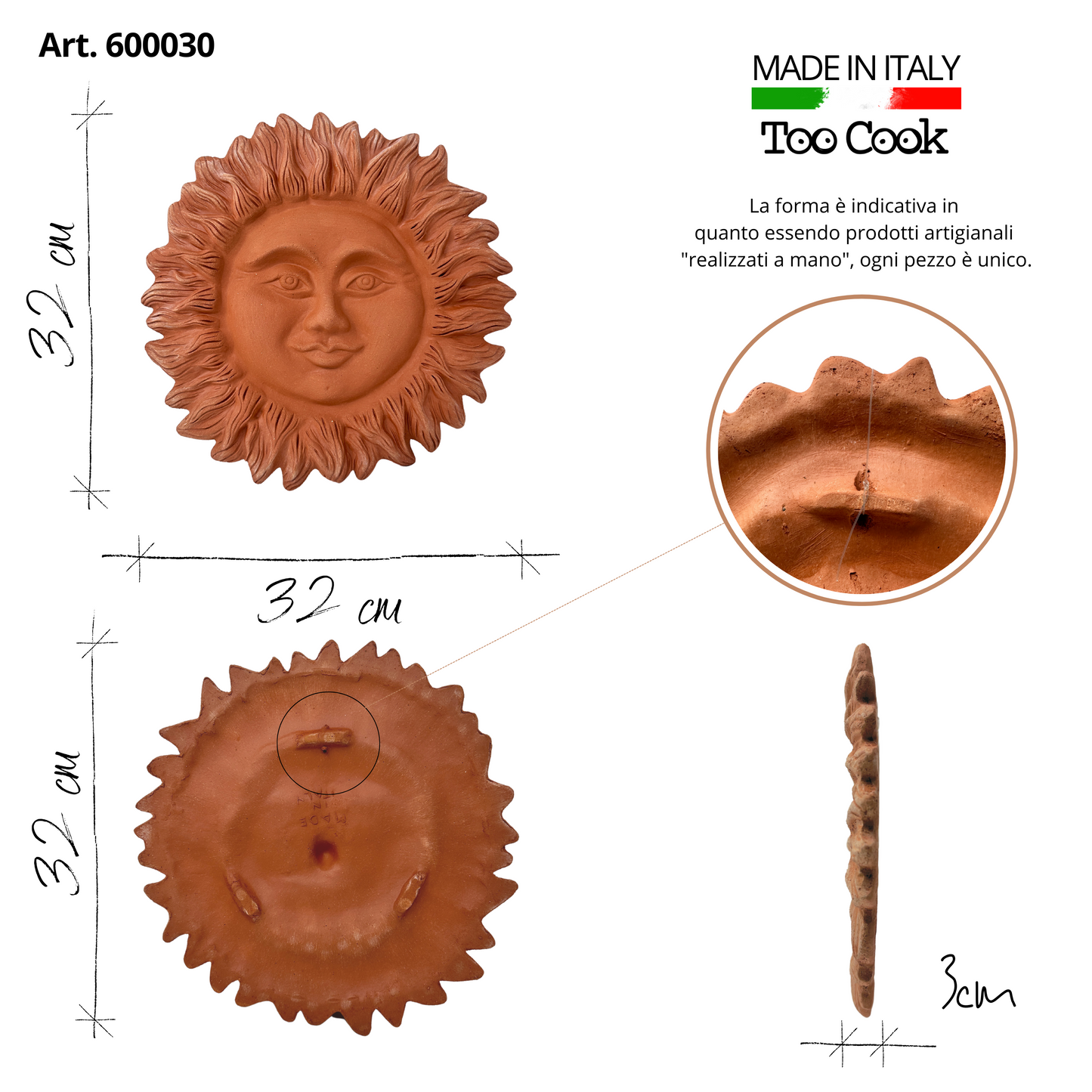 Sun 32 cm in handcrafted ceramic wall for home furnishing and decoration Terracotta Gift Idea