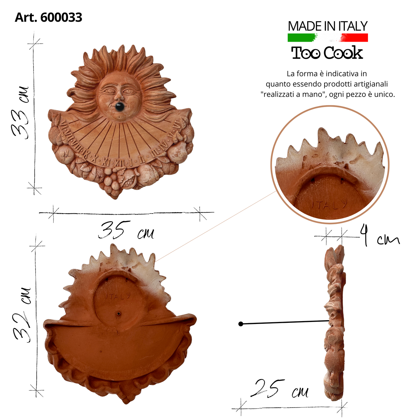 Meridiana solare in terracotta da parete per esterno resistente alle intemperie 33x35x4 cm