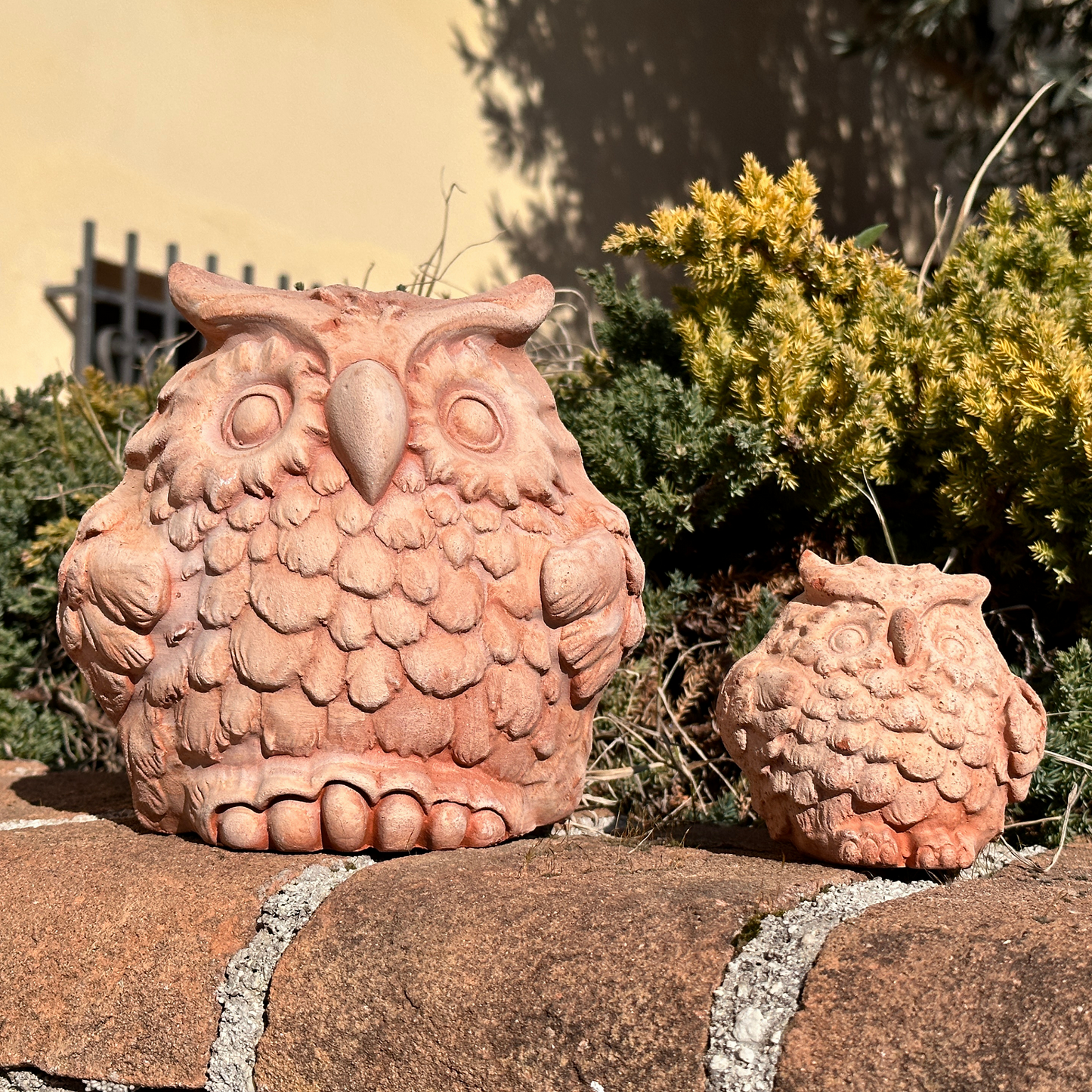 Handcrafted terracotta owl for garden furniture unique weatherproof decoration (18 cm)