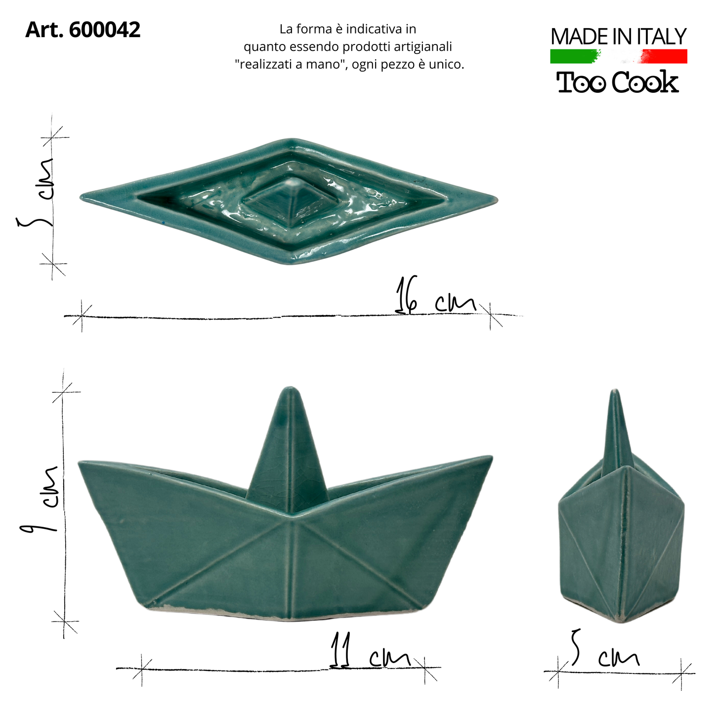 Toocook Origami Boat in Green Glazed Ceramic 100% made in Italy