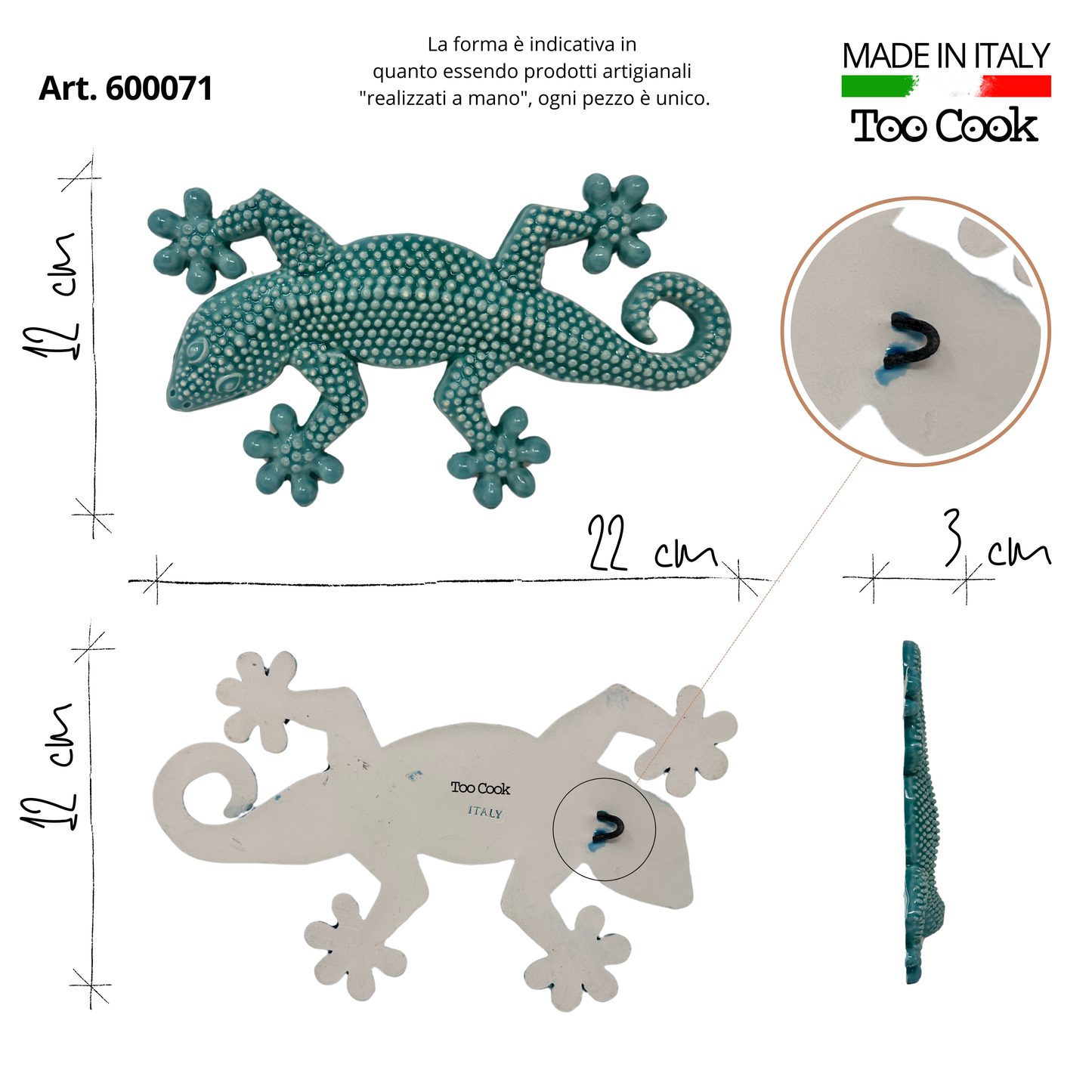 Toocook Gecko in glazed ceramic Wall Decoration and Home Furnishings, Handcrafted, Gift Idea Made in Italy