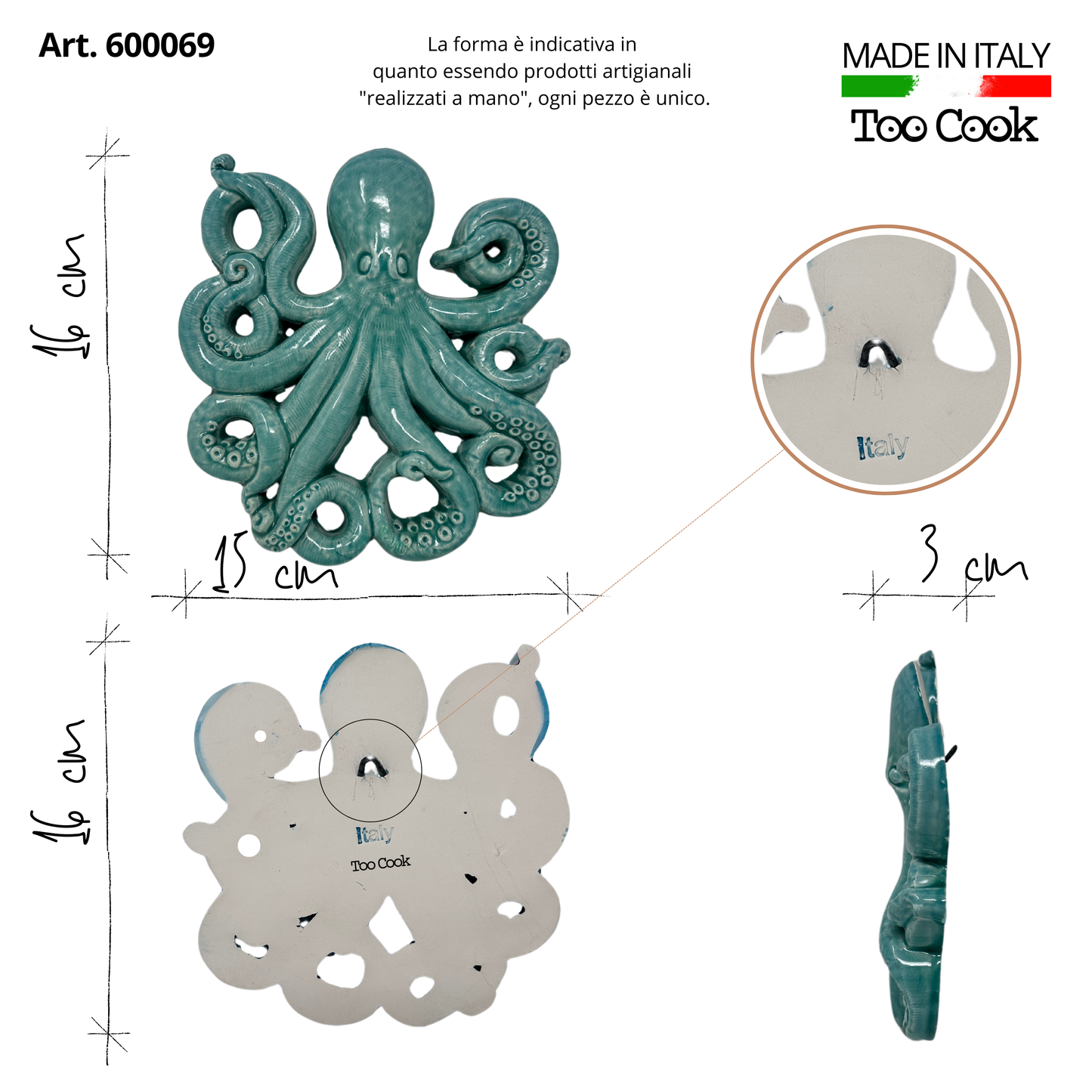 Toocook Glazed Ceramic Octopus for Wall Decoration and Home Furnishings, Handcrafted, Gift Idea Made in Italy