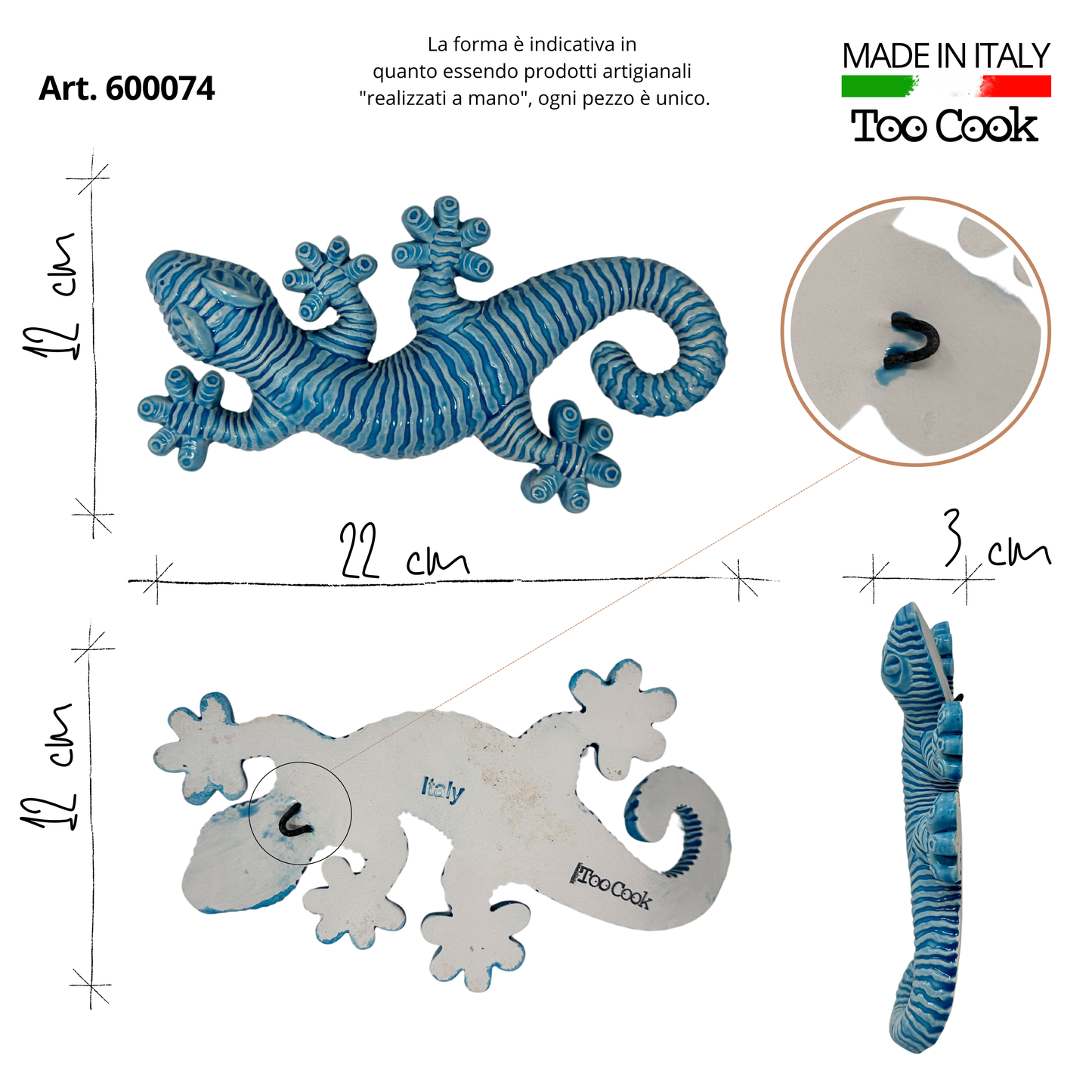 Toocook Geco Onda in ceramica smaltata Blu Decorazione Murale e Arredo Casa, Realizzato Artigianalmente, Idea Regalo Made in Italy
