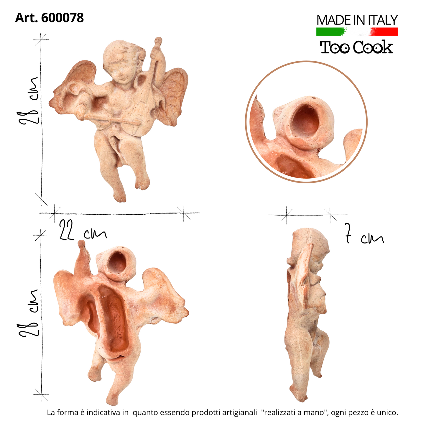 Toocook Angelo Musicista con Violino in Terracotta 28x22 cm – Scultura Religiosa da Parete, Fatto a Mano in Italia, Arte Sacra per Interni ed Esterni