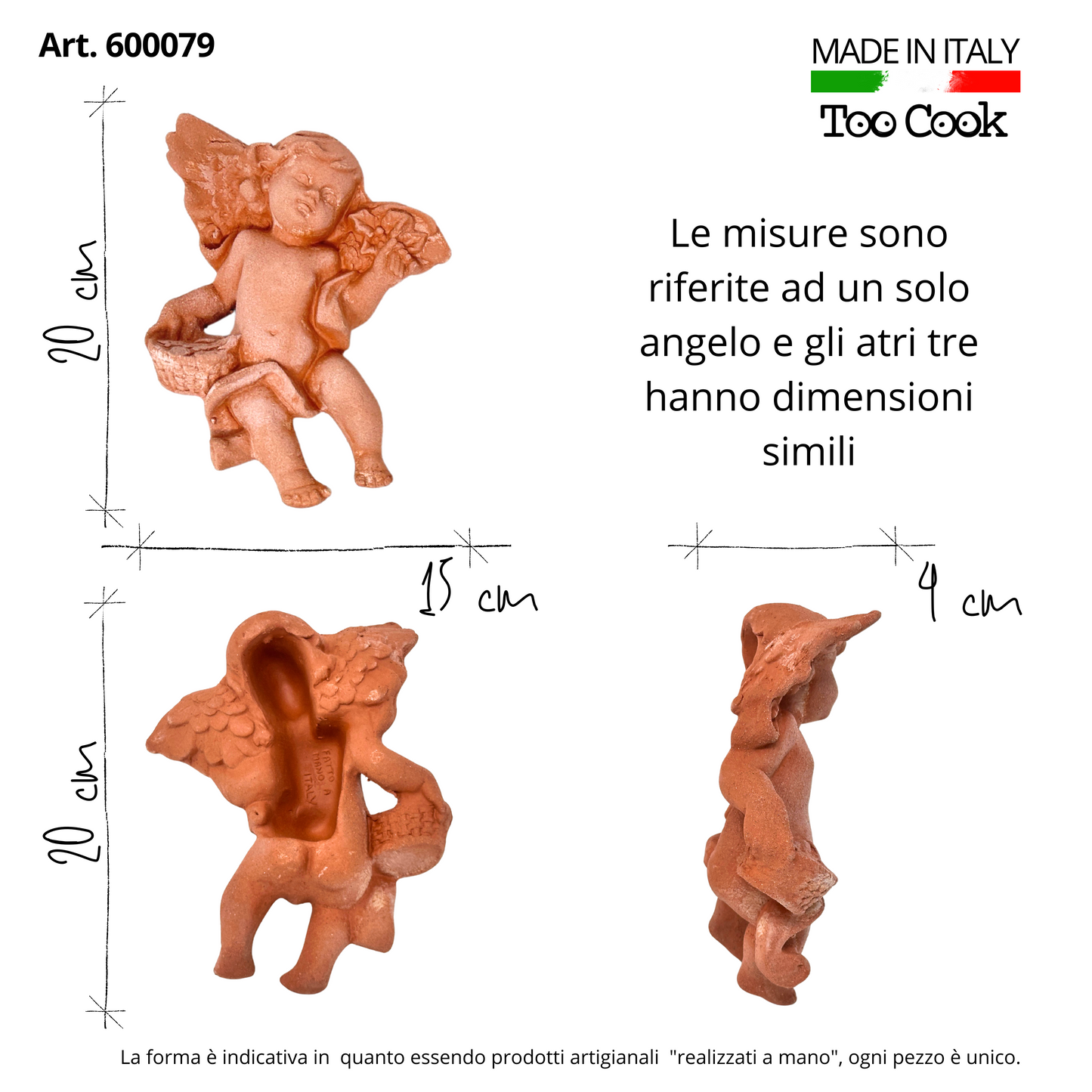 Toocook Set 4 Angeli in Terracotta Artigianale Quattro Stagioni Decorazioni da Parete per Interni Esterni Resistente alle intemperie cm.20