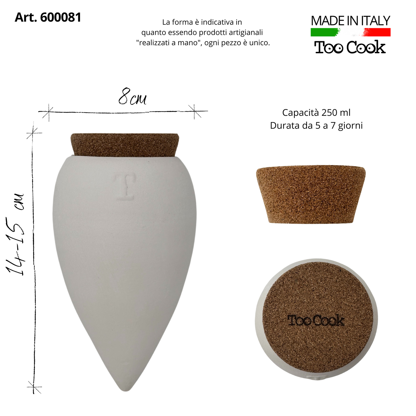 Toocook Olla in Terracotta Artigianale Bianca naturale per irrigazione Automatica Ecologica e Naturale per Piante da Interno ed Esterno con autonomia di Circa 7 Giorni - Realizzata a Mano - 250 ml