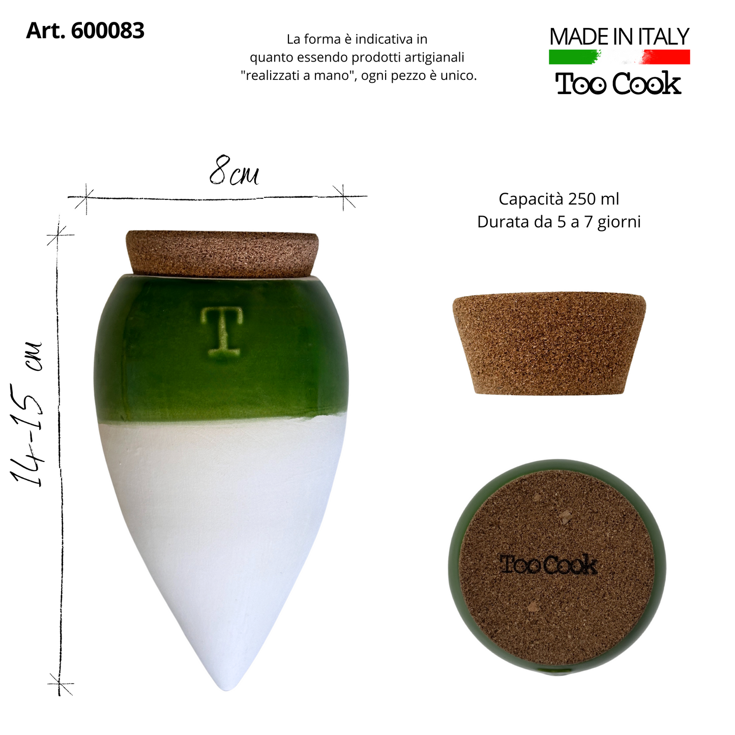 Toocook Olla in Terracotta Artigianale Bianca/Verde per irrigazione Automatica Ecologica e Naturale per Piante da Interno ed Esterno con autonomia di Circa 7 Giorni - Realizzata a Mano - 250 ml