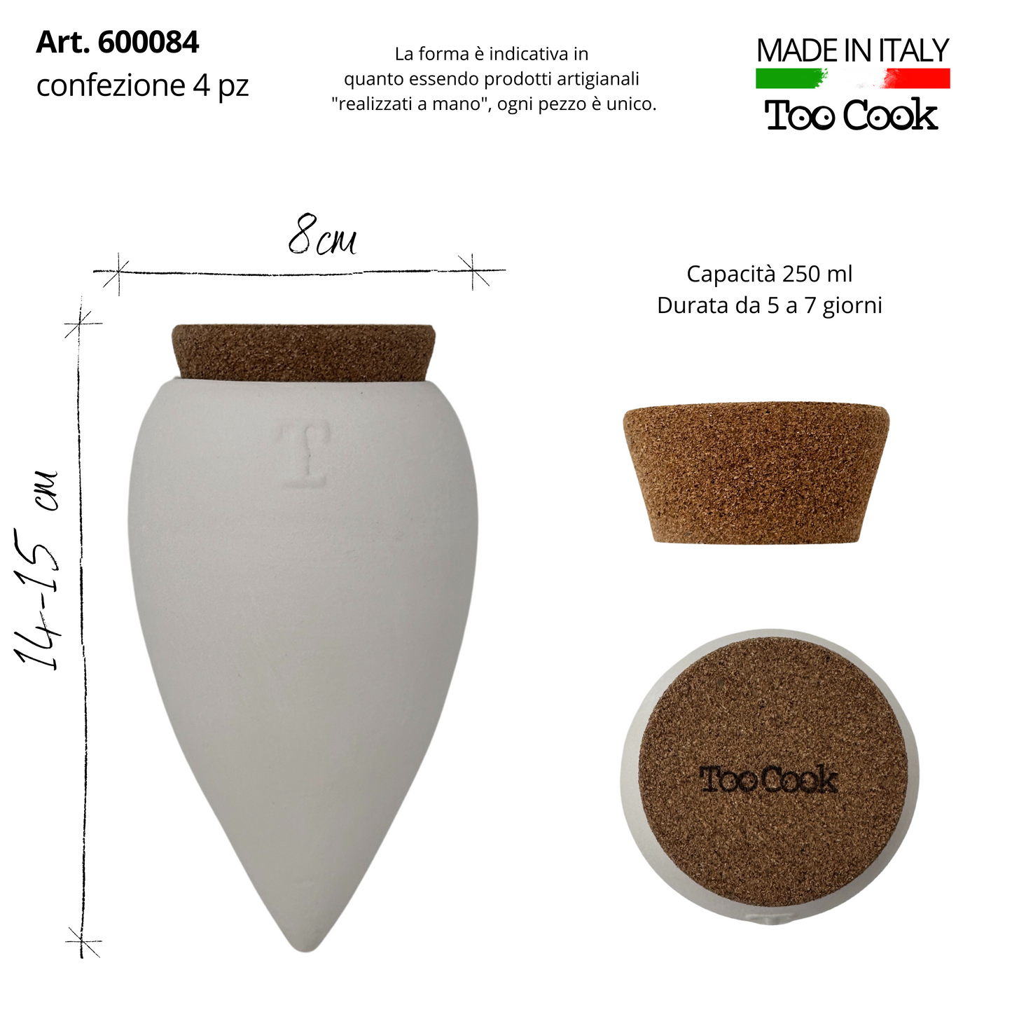 Toocook Olla in Terracotta Artigianale per irrigazione Automatica Ecologica e Naturale per Piante da Interno ed Esterno con autonomia di Circa 7 Giorni - Realizzata a Mano - 250 ml (Bianca 4 pz)