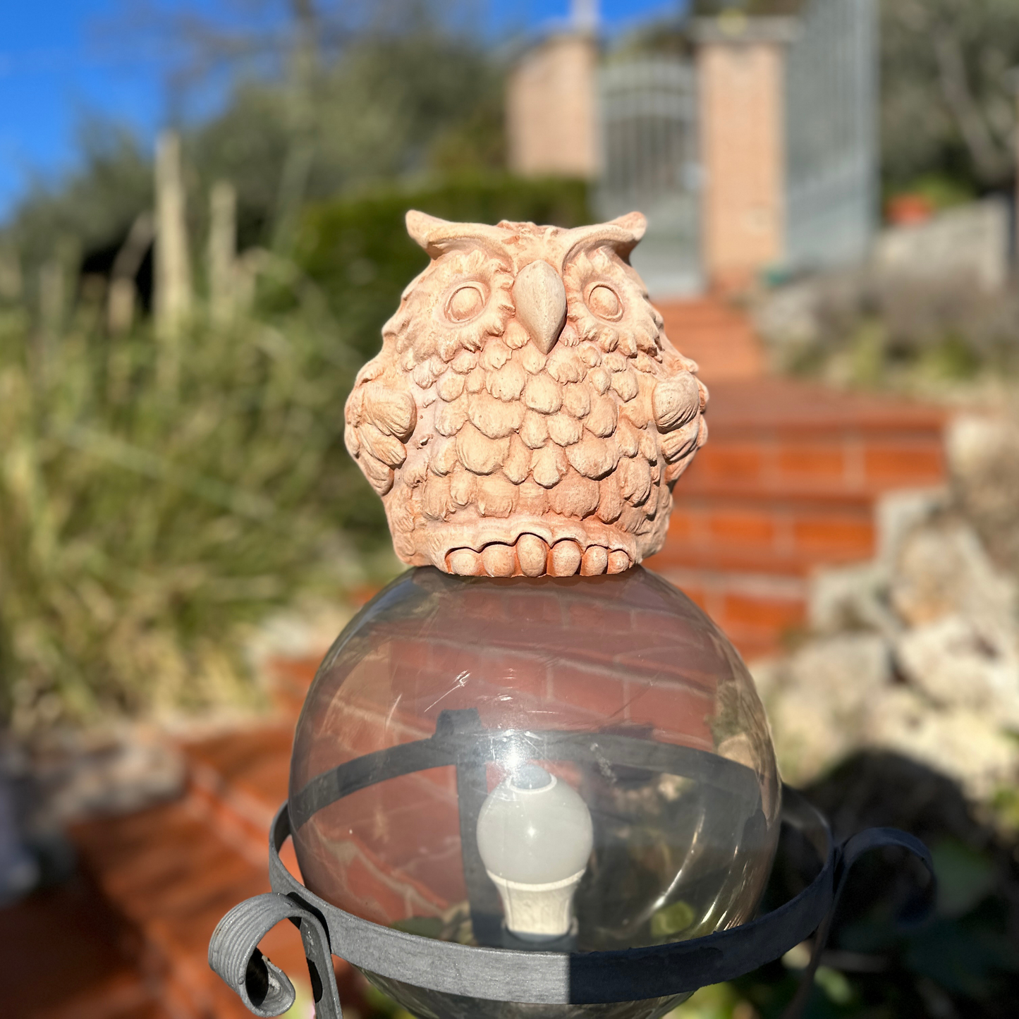 Handcrafted terracotta owl for garden furniture unique weatherproof decoration (18 cm)