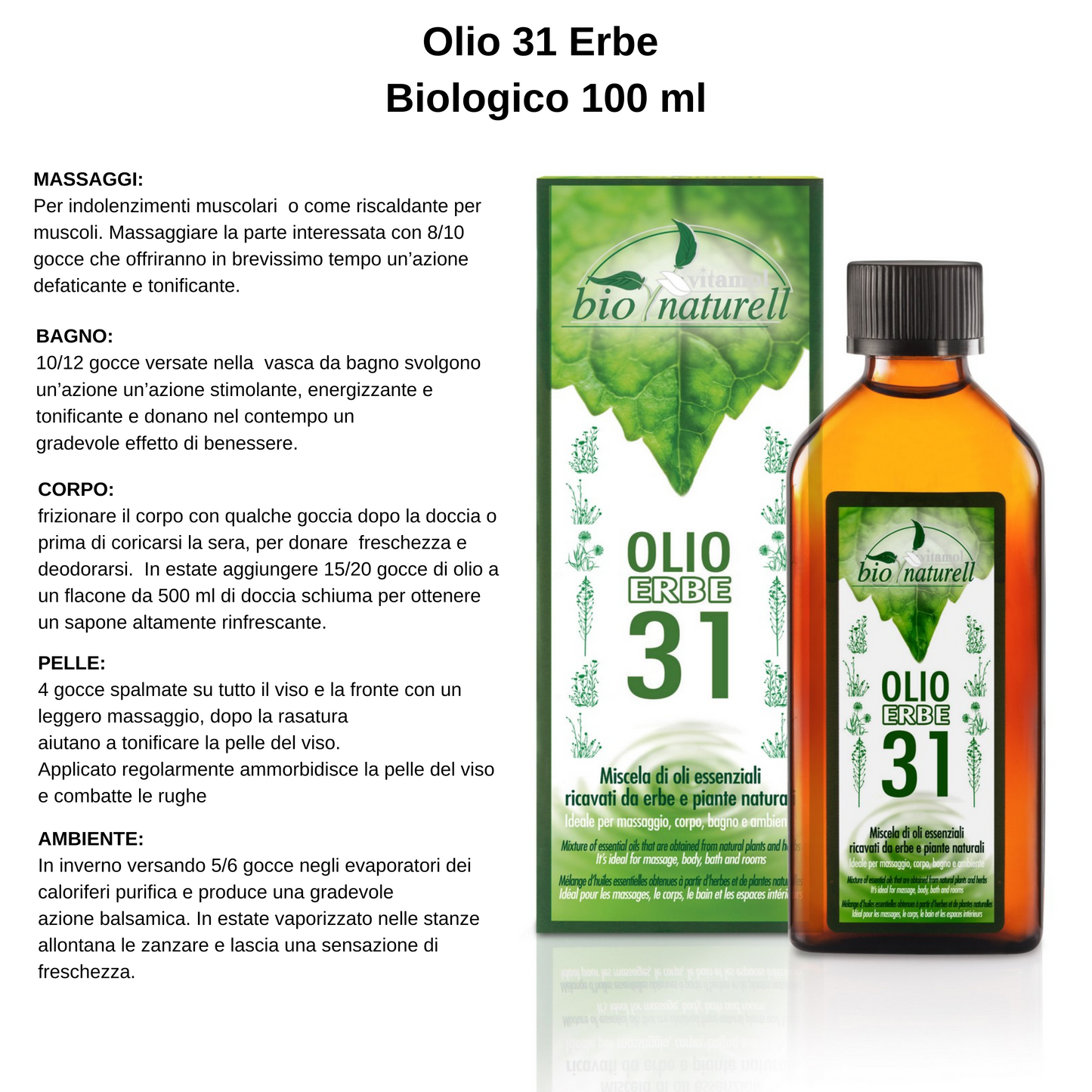 Olio 31 Erbe Linea Bio Naturell Per Massaggi Muscolari Aromaterapia Azione Balsamica - Non Unge - 100 ml