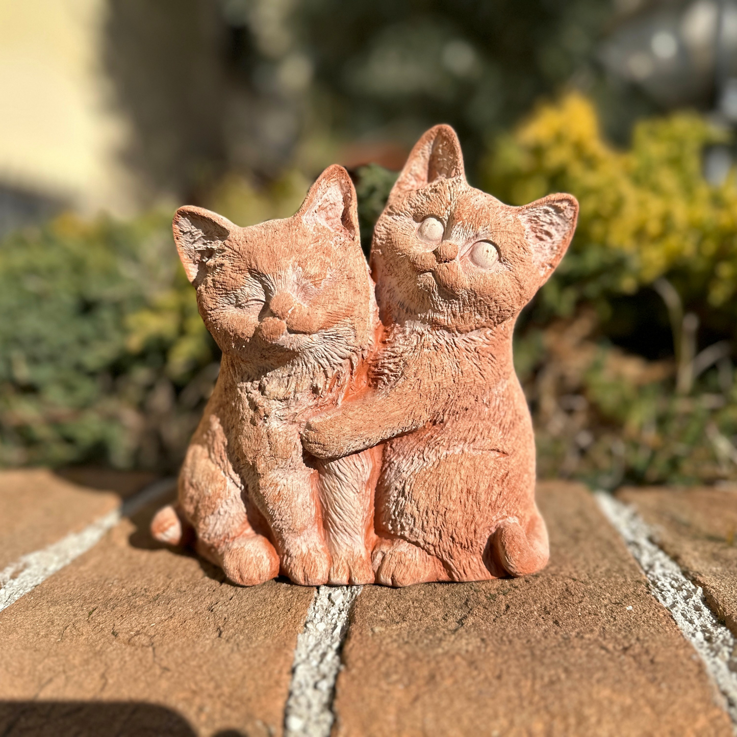 Pair of handcrafted terracotta cats for garden furniture, unique weatherproof decoration