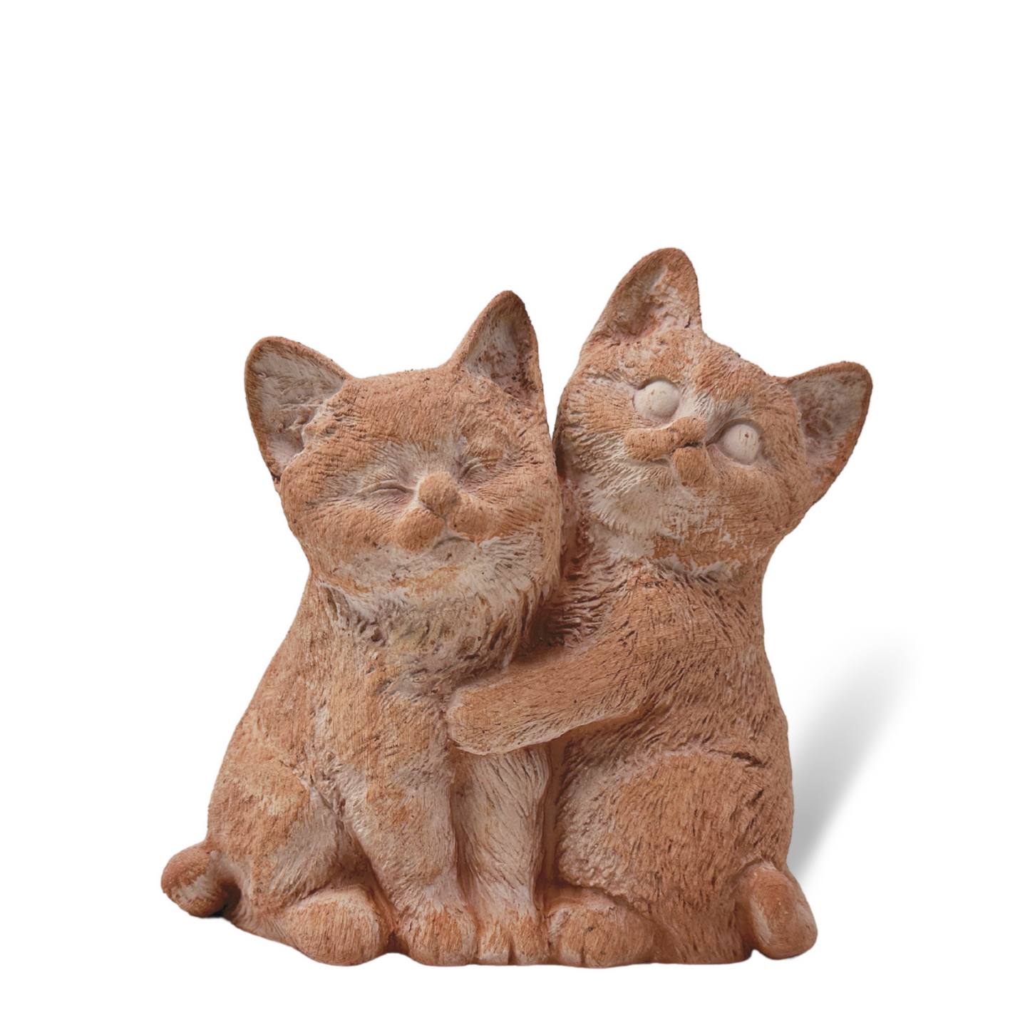 Pair of handcrafted terracotta cats for garden furniture, unique weatherproof decoration