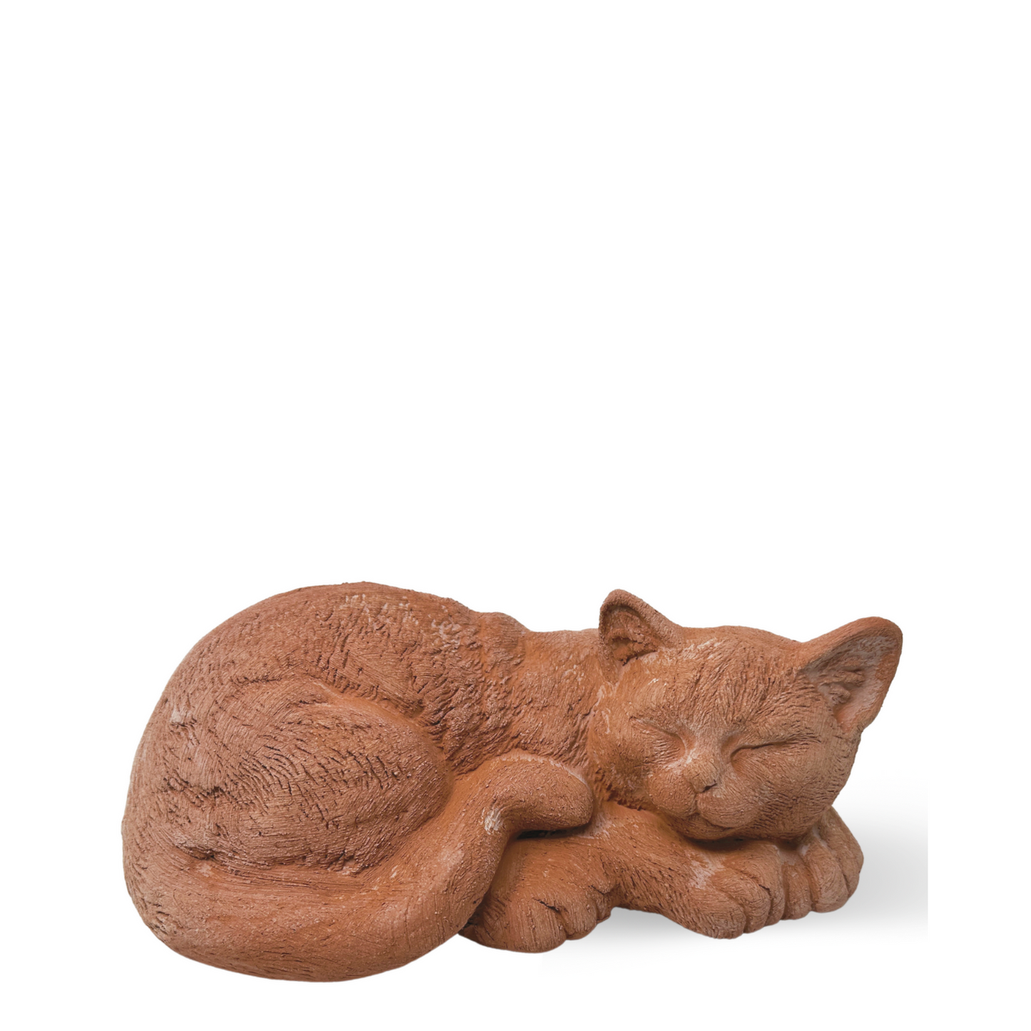 Sleeping cat in handcrafted terracotta for garden furniture, unique weatherproof decoration