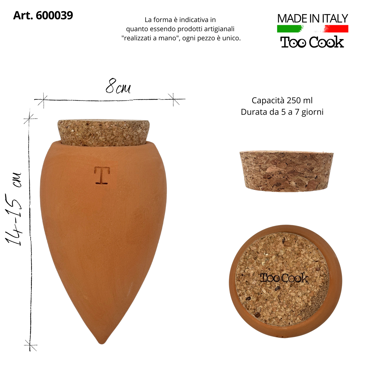 Toocook Artisan Terracotta Olla for Ecological and Natural Automatic Watering for Indoor and Outdoor Plants with autonomy of approximately 7 days - Handmade - 250 ml
