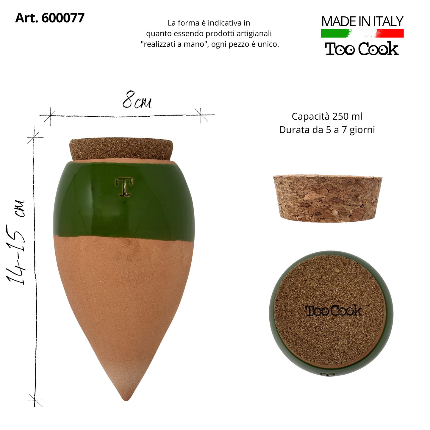 Toocook Olla in Terracotta Artigianale Smaltata Verde per irrigazione Automatica Ecologica e Naturale per Piante da Interno ed Esterno con autonomia di Circa 7 Giorni - Realizzata a Mano - 250 ml