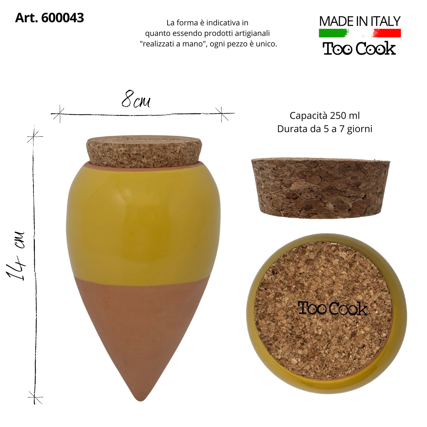 Toocook Yellow Olla in Artisan Terracotta for Ecological and Natural Automatic Watering for Indoor and Outdoor Plants with autonomy of approximately 7 Days - Handmade - 250 ml