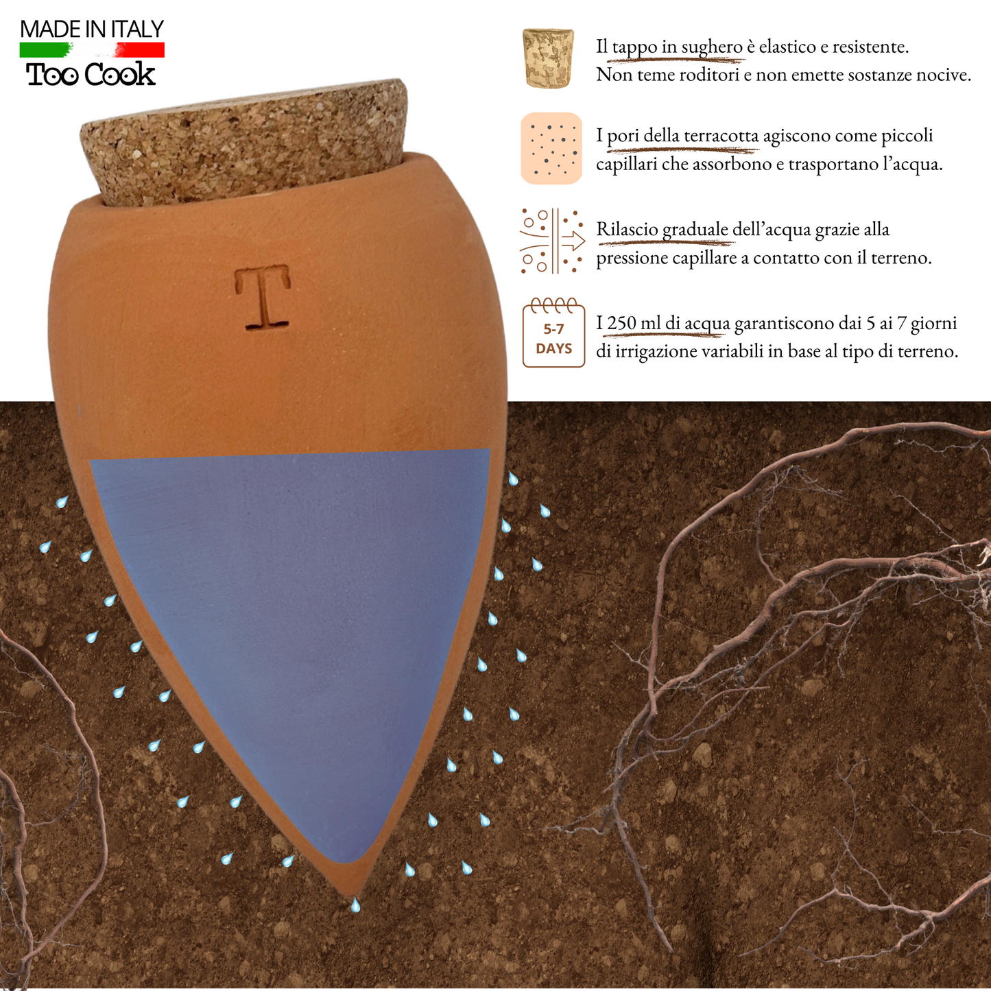 Toocook Olla in Terracotta Artigianale per irrigazione Automatica Ecologica e Naturale per Piante da Interno ed Esterno con autonomia di Circa 7 Giorni - Realizzata a Mano - 250 ml