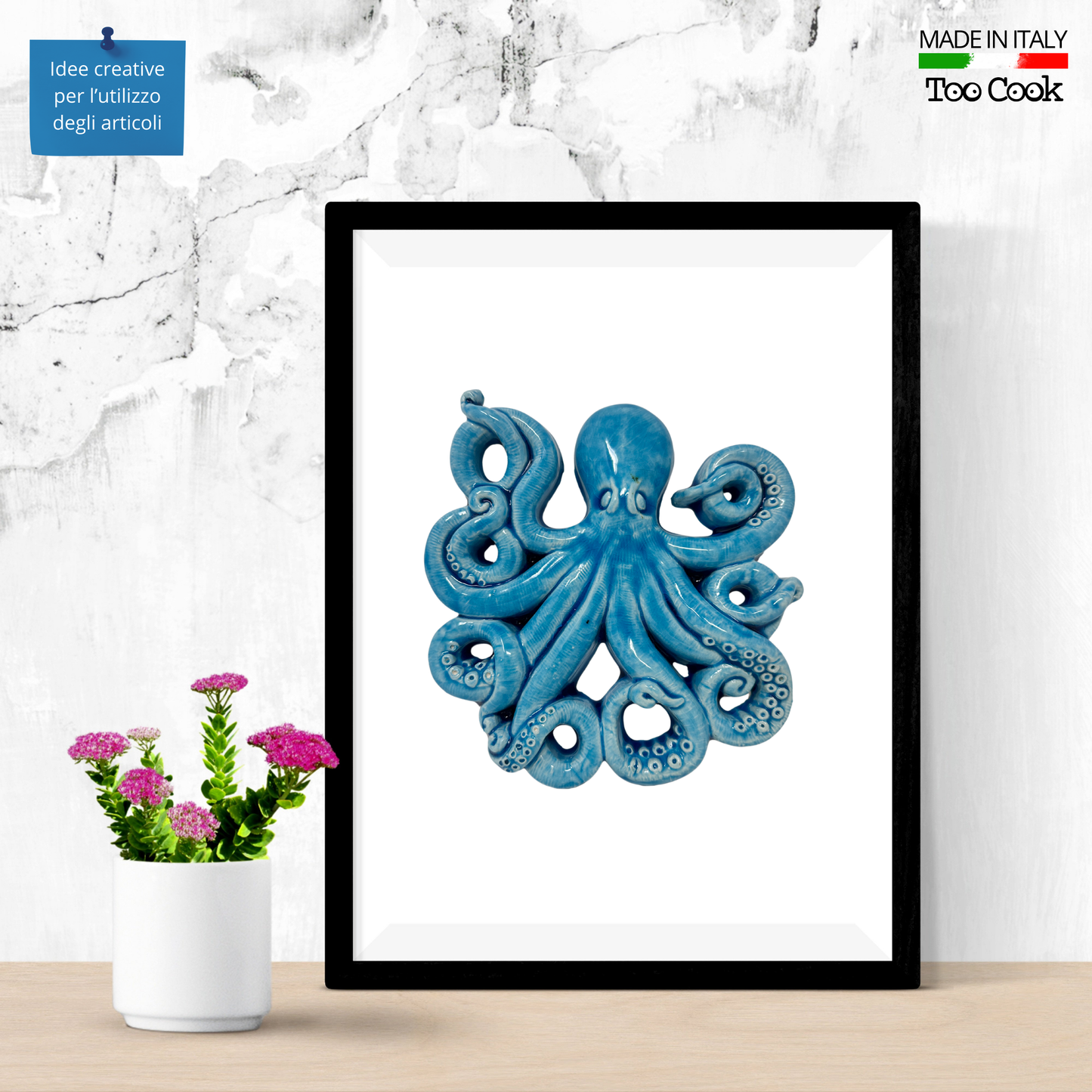 Toocook Glazed Ceramic Octopus for Wall Decoration and Home Furnishings, Handcrafted, Gift Idea Made in Italy