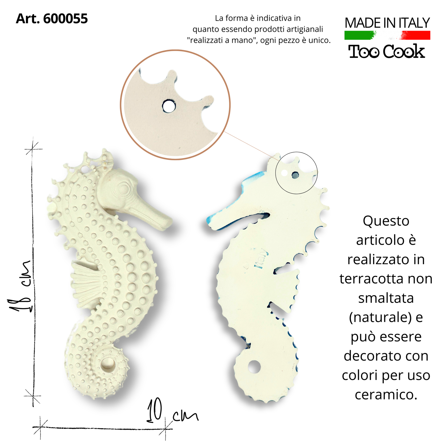 Toocook Cavalluccio Marino in terracotta naturale bianca da decorare per Arredo Casa, Realizzato Artigianalmente, Idea Regalo Made in Italy