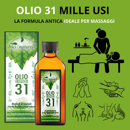 Olio 31 Erbe Linea Bio Naturell Per Massaggi Muscolari Aromaterapia Azione Balsamica - Non Unge - 100 ml