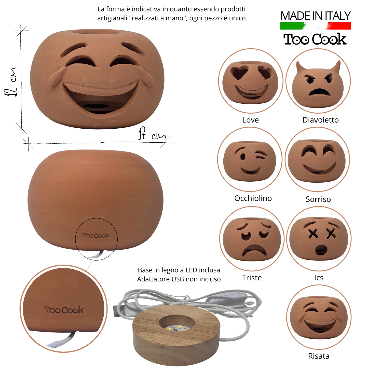 Toocook Lampada Decorativa Emoji Occhiolino – Ceramica Artigianale con Base per Luce LED – Diametro 17 cm