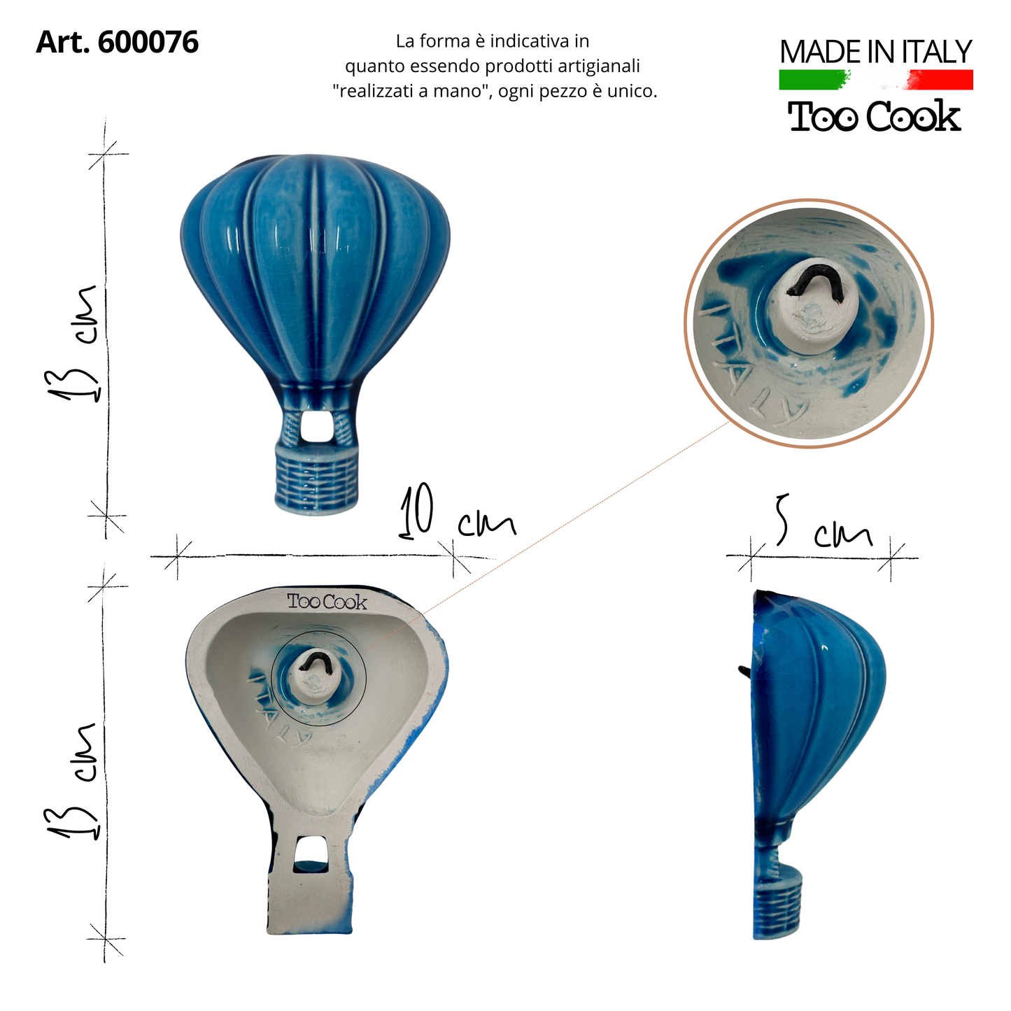 Toocook Mongolfiera in ceramica smaltata Blu Decorazione Murale e Arredo Casa, Realizzata Artigianalmente, Idea Regalo Made in Italy