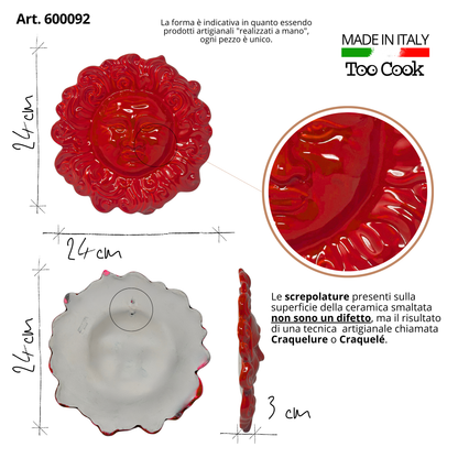 Toocook Sole Ricci in ceramica smaltata da parete - arredo e decorazione casa - Idea Regalo - Realizzato Artigianalmente in Terracotta - Made in Italy - 24 cm (rosso)