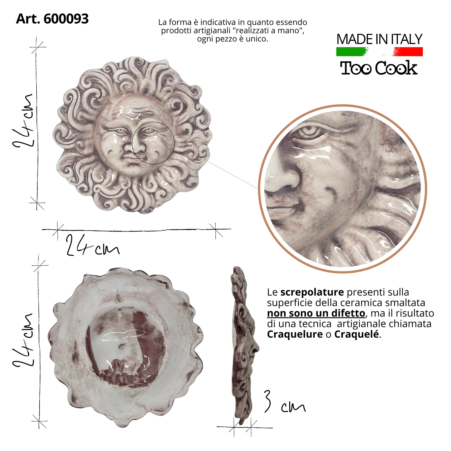 Toocook Sole Ricci in ceramica smaltata da parete - arredo e decorazione casa - Idea Regalo - Realizzato Artigianalmente in Terracotta - Made in Italy - 24 cm (bianco antico)