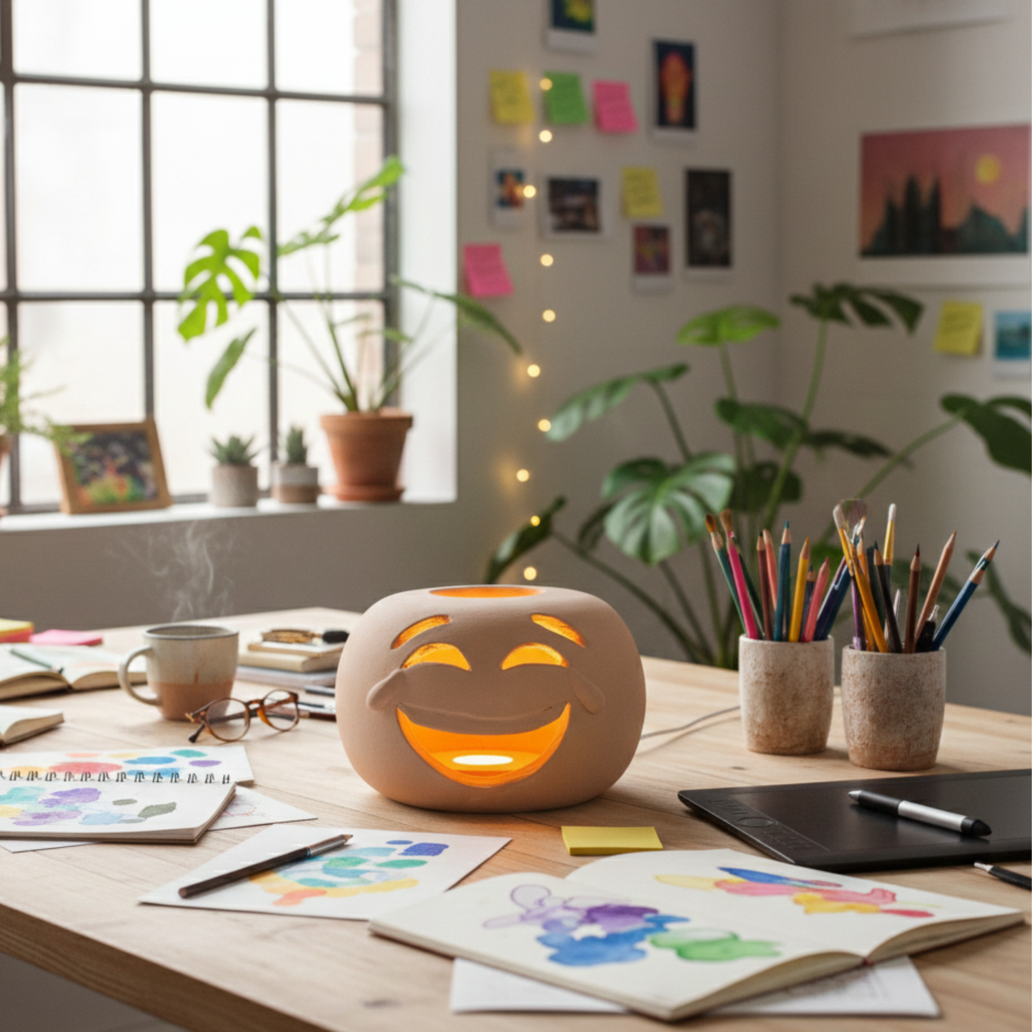 Toocook Lampada Decorativa Emoji Risata – Ceramica Artigianale con Base per Luce LED – Diametro 17 cm