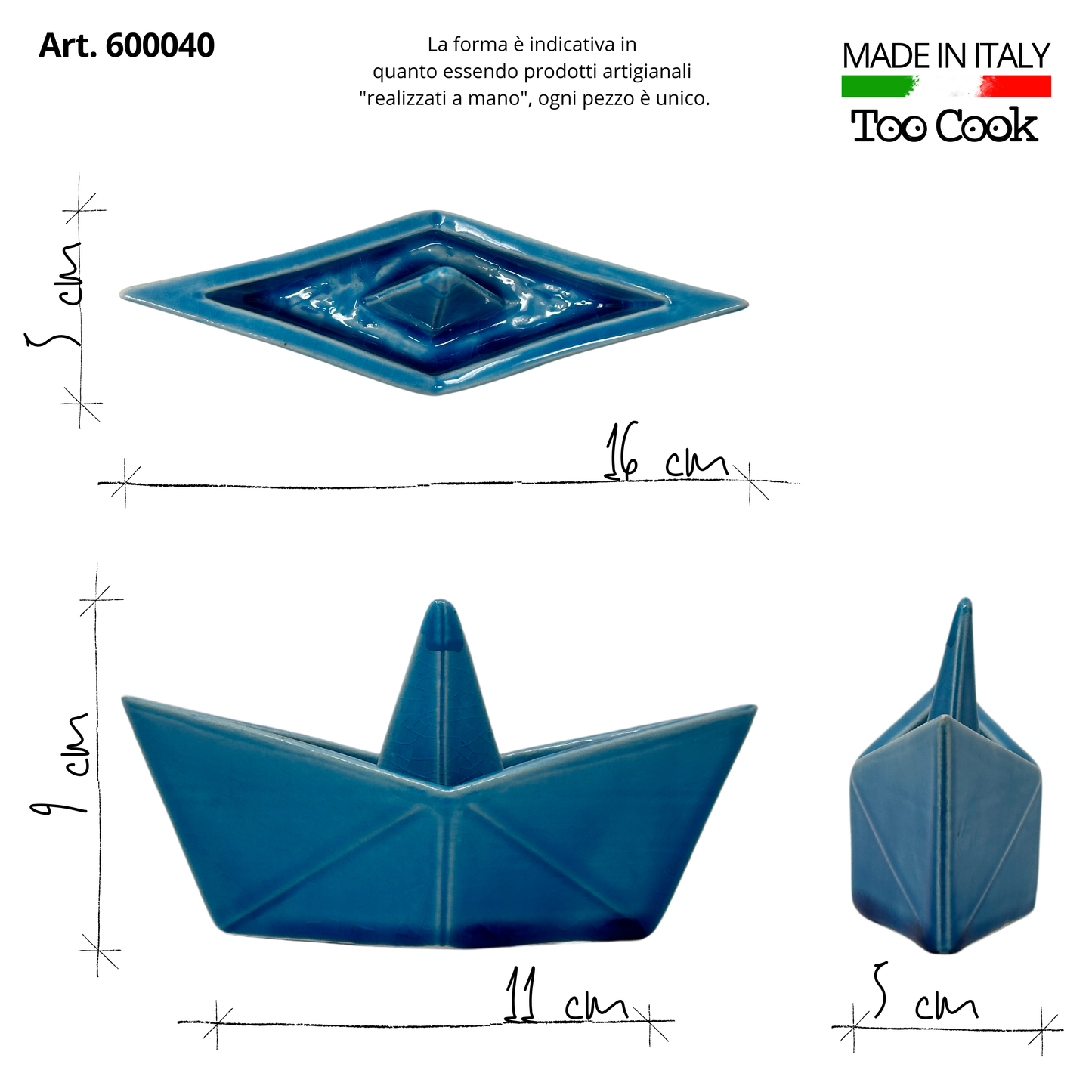 Toocook Barca Origami da Appoggio in Ceramica Smaltata Colore Azzurro 100 % made in Italy