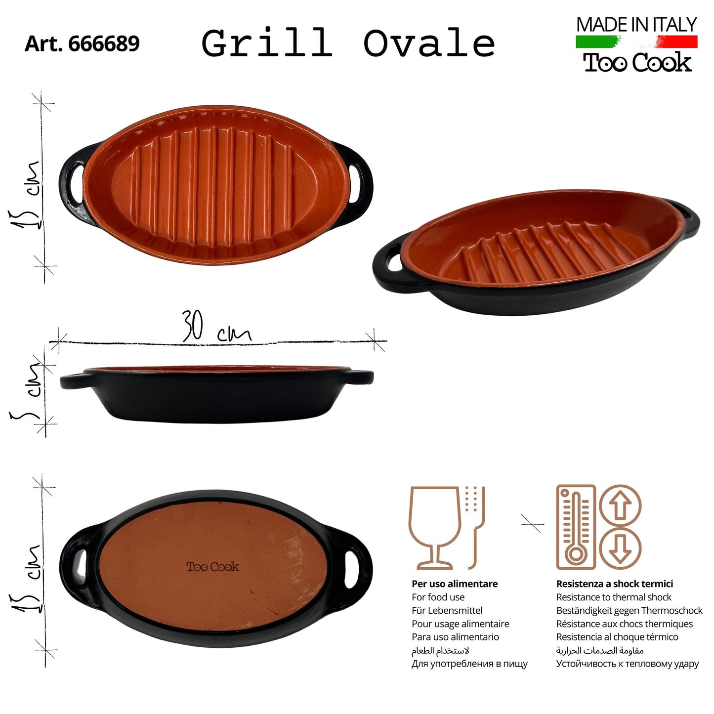Toocook Grill Me piastra ovale in Terracotta per Cucina Naturale Senza Grassi Gusto Unico Senza alterare Le proprietà del Cibo
