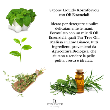 Sapone Liquido Mani con Oli Essenziali, Tea Tree e Aloe Vera Biologica - Pulisce e Idrata la pelle