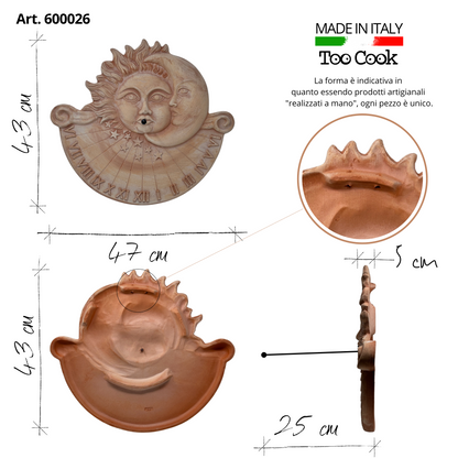 Toocook Meridiana solare Eclissi in terracotta da parete per esterno resistente alle intemperie 47x43x5 cm Orologio Vintage Made in Italy