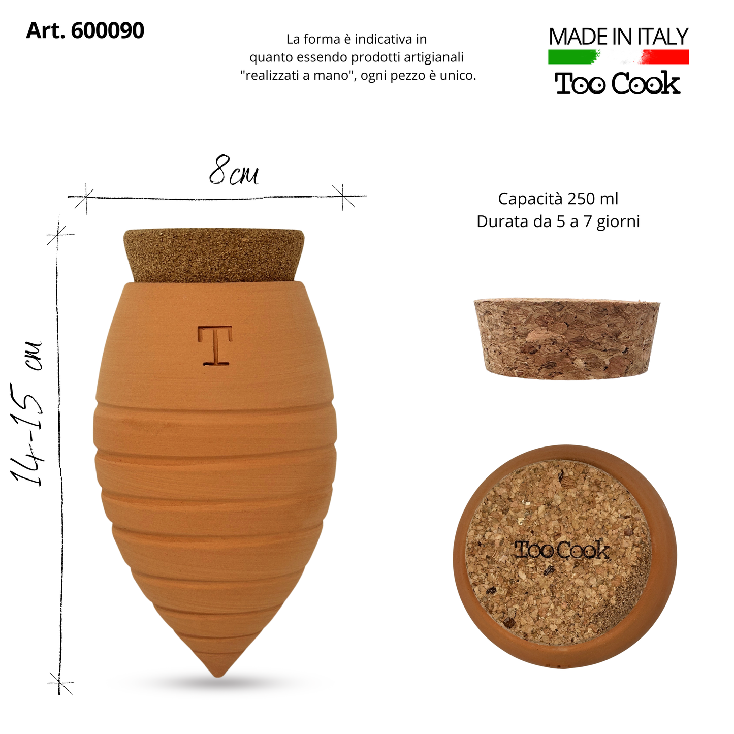 Toocook Artisan Terracotta Olla for Ecological and Natural Automatic Watering for Indoor and Outdoor Plants with autonomy of approximately 7 days - Handmade - 250 ml 