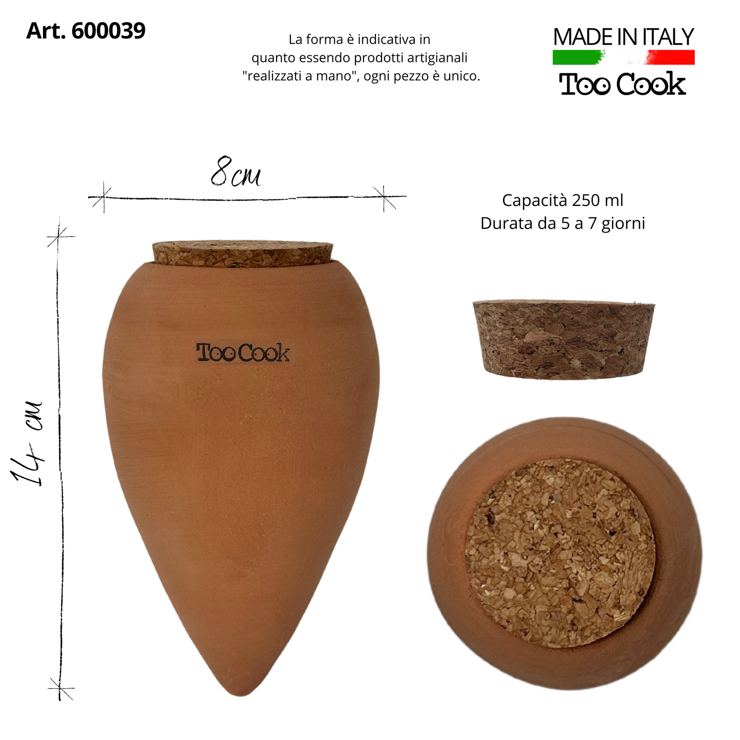 Toocook Artisan Terracotta Olla for Ecological and Natural Automatic Watering for Indoor and Outdoor Plants with autonomy of approximately 7 days - Handmade - 250 ml 